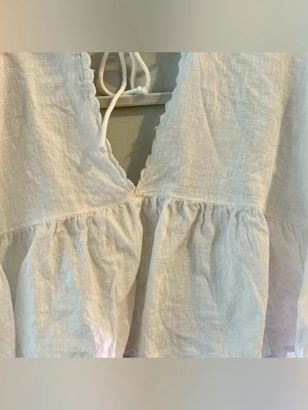 Zara Linen Embroidered V-Neck Peasant Blouse - Cream